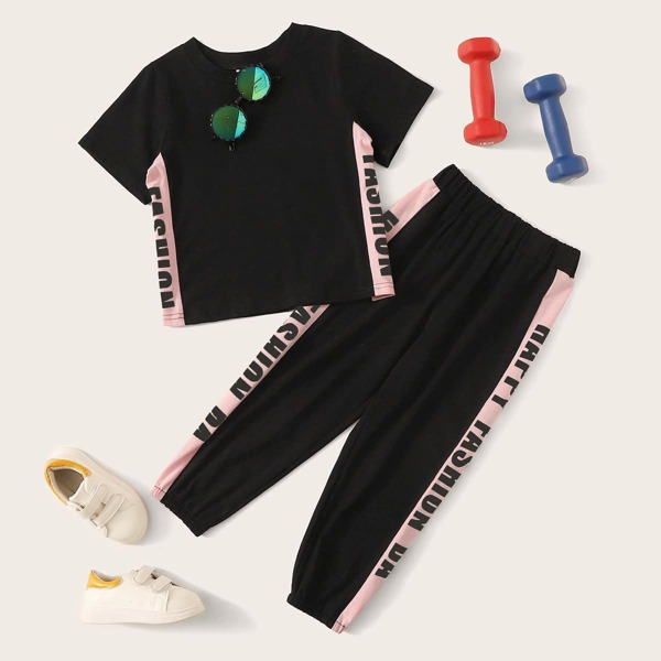 

Toddler Girls Contrast Panel Letter Graphic Tee With Sweatpants, Black