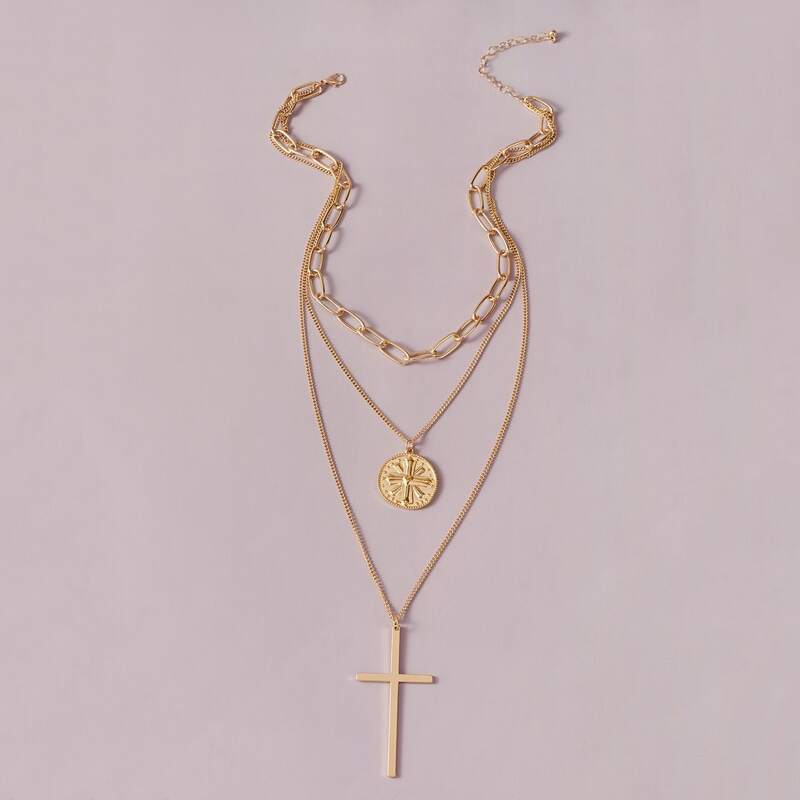 

Cross Charm Layered Necklace, Gold