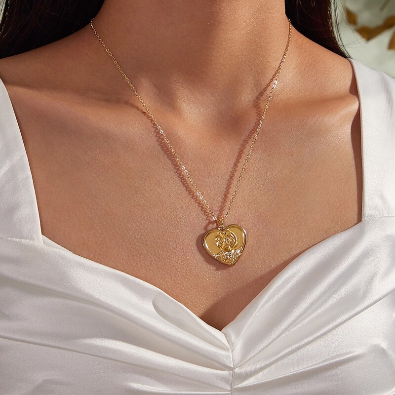 

Rose Engraved Heart Charm Necklace, Gold