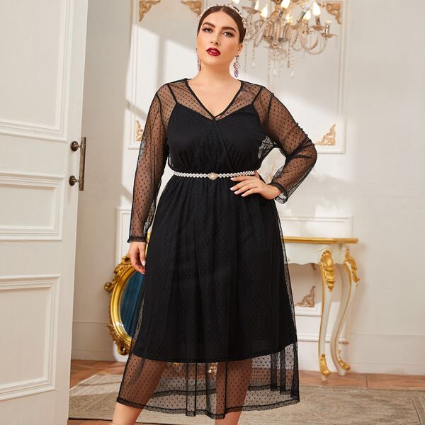 

Plus Surplice Neck Mesh Overlay Dress Without Belt, Black