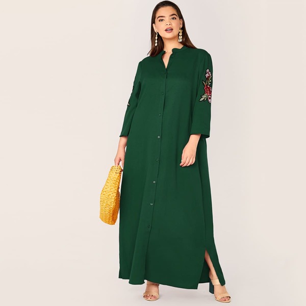 

Plus Embroidered Applique Detail Split Hem Shirt Dress, Green