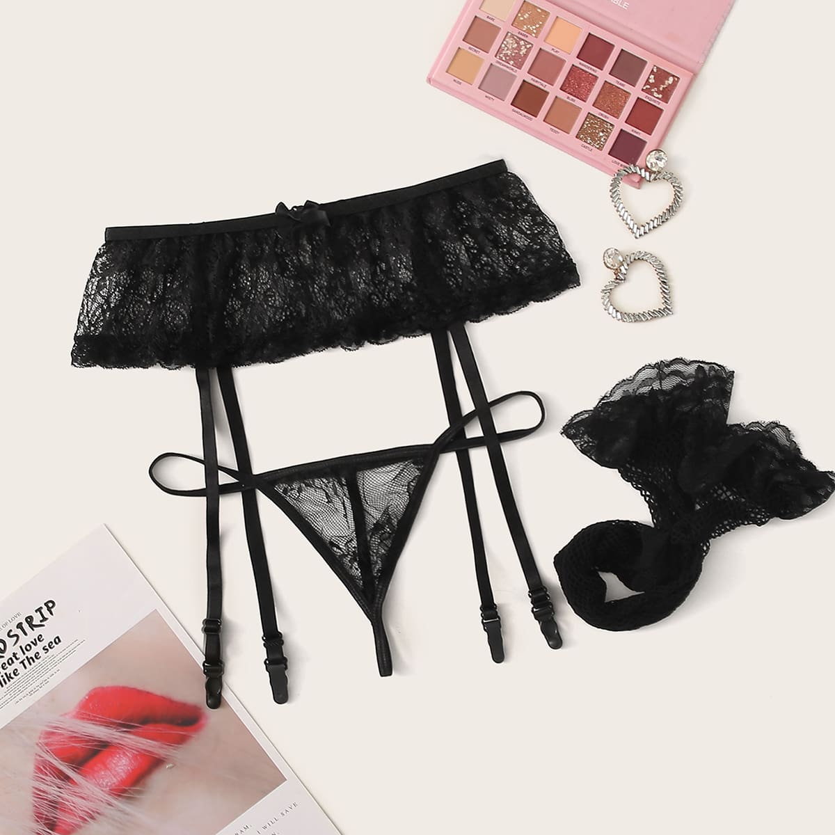 

Floral Lace Garter Thong With Stockings, Black