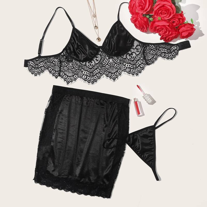 

Contrast Lace Satin Lingerie Set With Skirt, Black