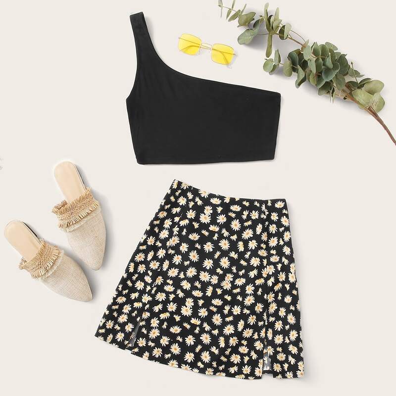 

One Shoulder Crop Top With Floral Print Skirt, Multicolor