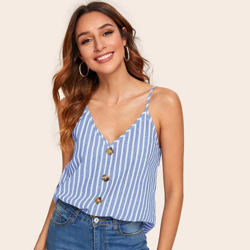 

Striped Button V-Neck Cami Top, Blue