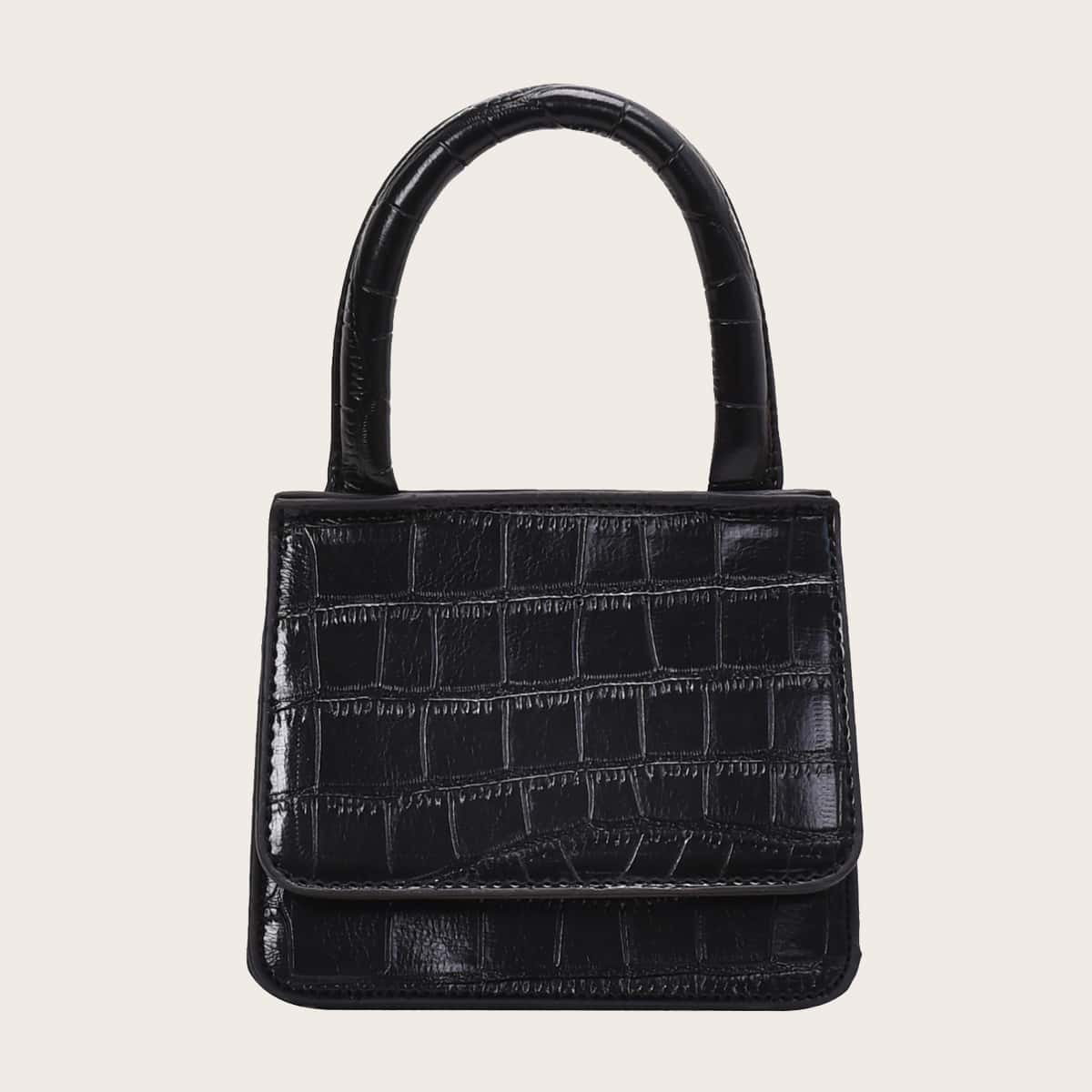 

Croc Embossed Flap Satchel Bag, Black