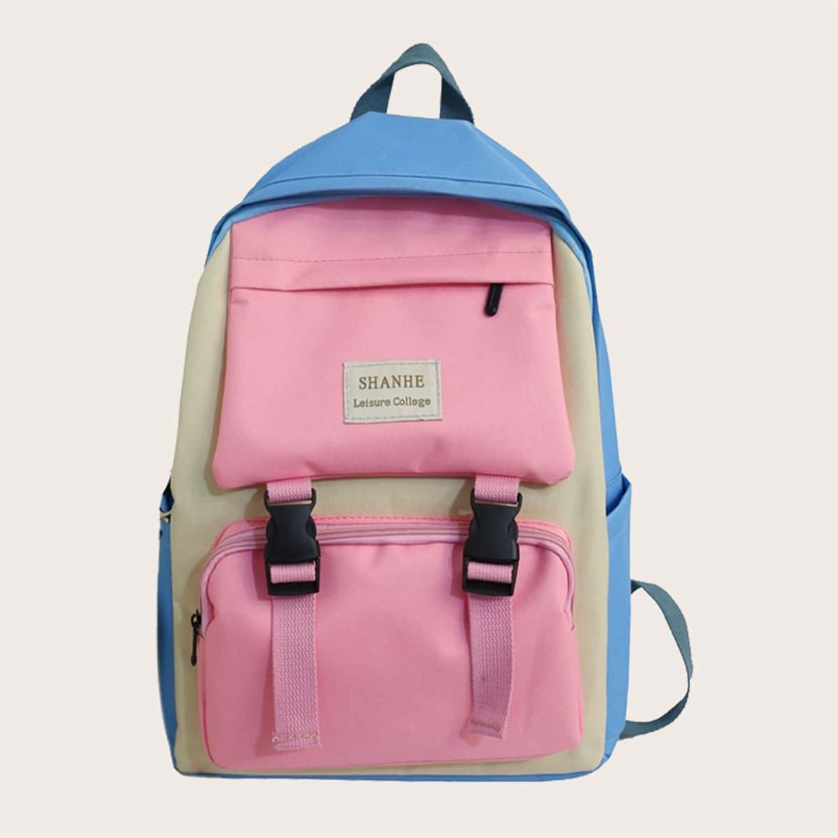 

Colorblock Buckle Decor Backpack, Pink