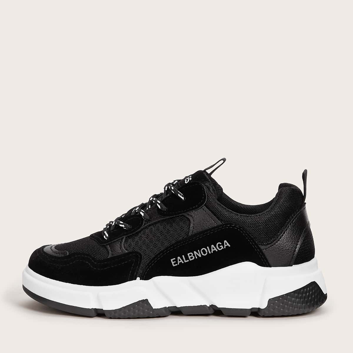 

Lace-up Front Mesh Panel Sneakers, Black