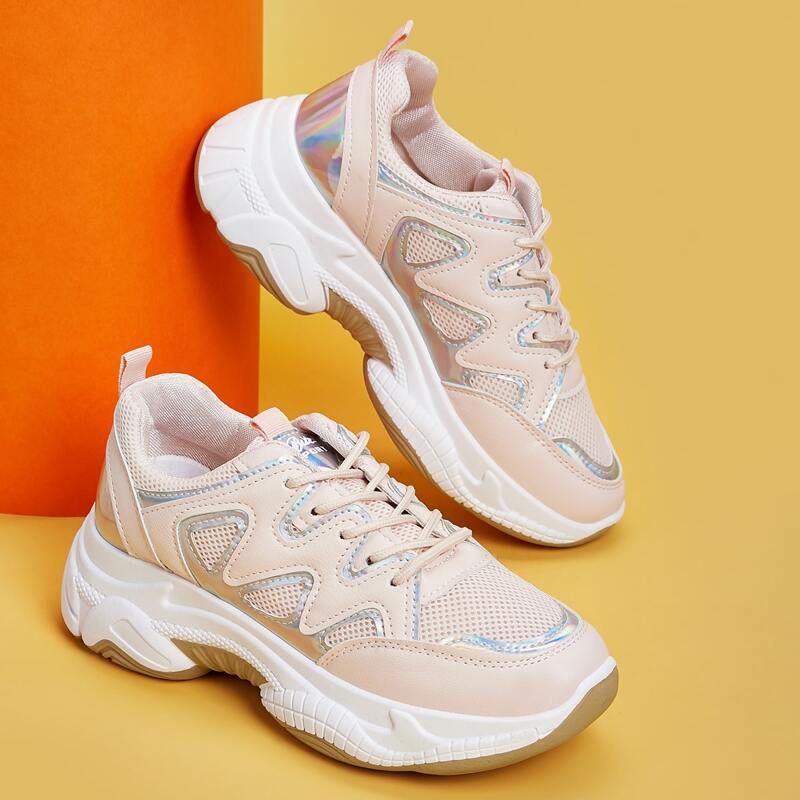 

Lace-up Front Mesh Panel Chunky Sneakers, Pink