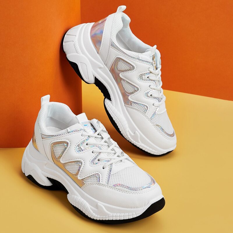 

Lace-up Front Mesh Panel Chunky Sneakers, White