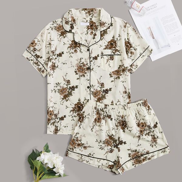 

Floral Print Pocket Detail PJ Set, Multicolor