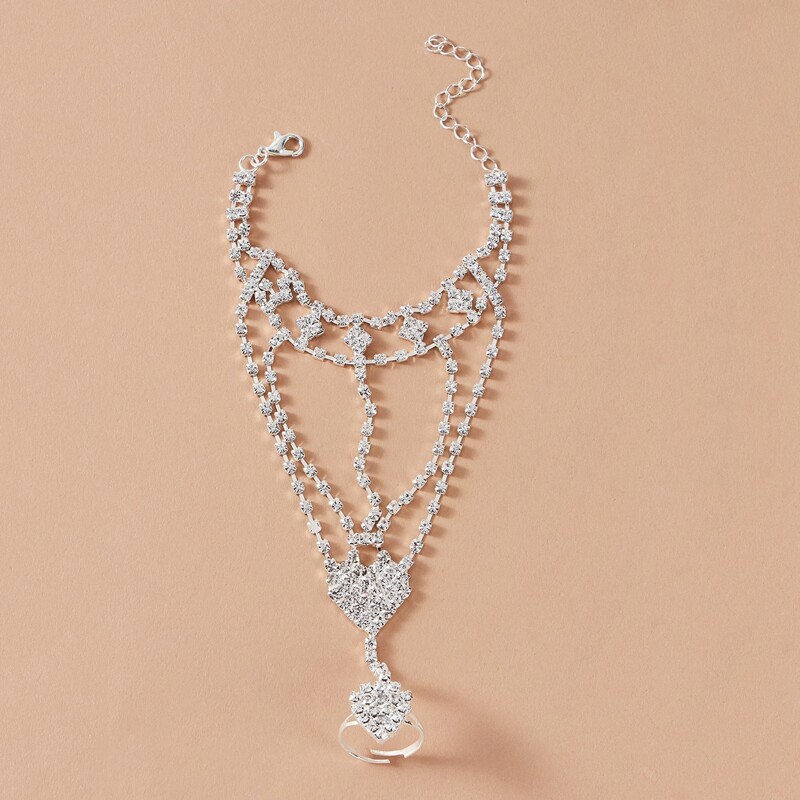 

1pc Rhinestone Engraved Finger Chain Bracelet, Silver