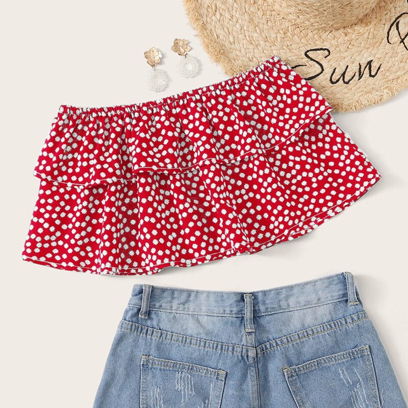

Ditsy Floral Ruffle Tube Top, Red