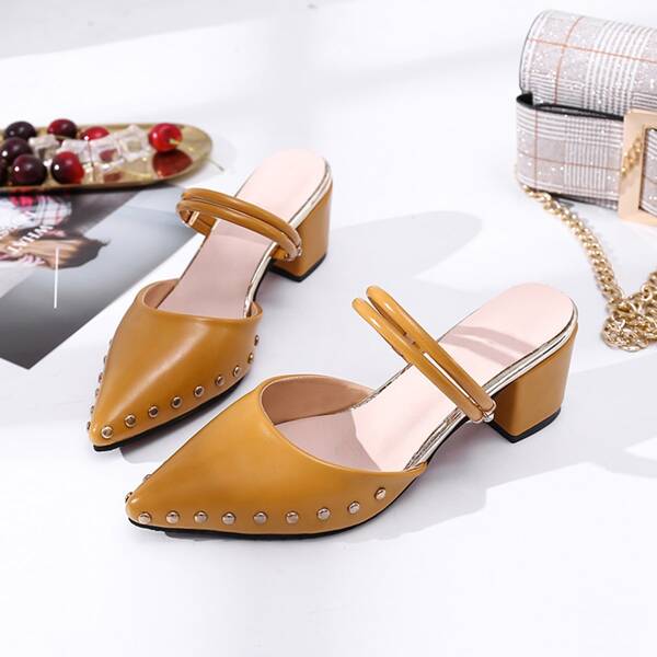 

Point Toe Studded Decor Heeled Mules, Yellow