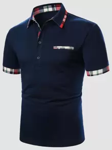 Manfinity Men Contrast Plaid Polo Shirt - Navy Blue - View 1