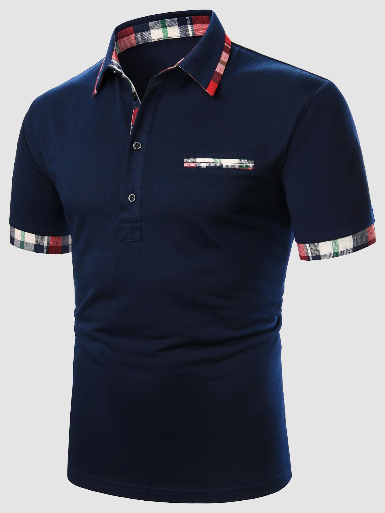 Manfinity Men Contrast Plaid Polo Shirt - Navy Blue - View 1