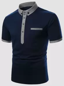 Manfinity Homme 男士前紐扣拼接衣領polo襯衫 - 藏蓝色 - 查看 1