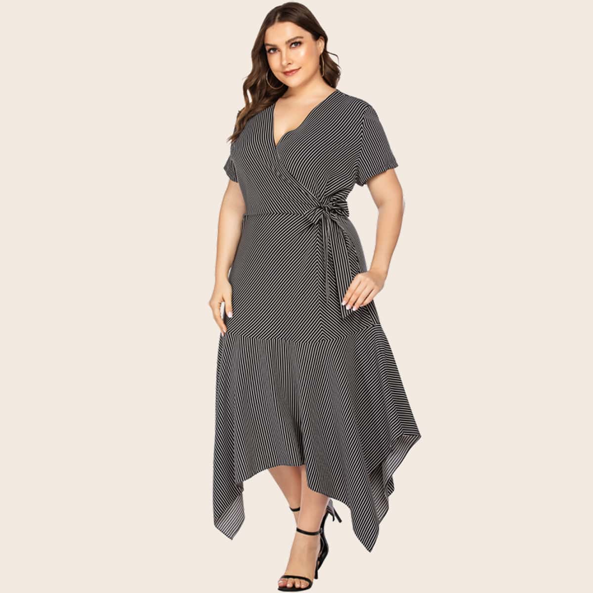 Plus Tie Side Stripe Asymmetric Hem Dress thumbnail