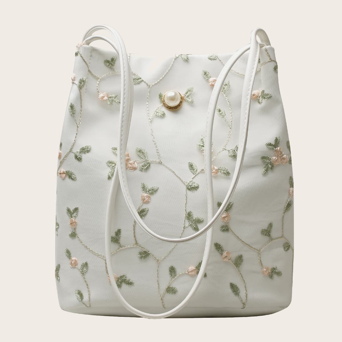 

Floral Embroidered Lace Overlay Tote Bag, White