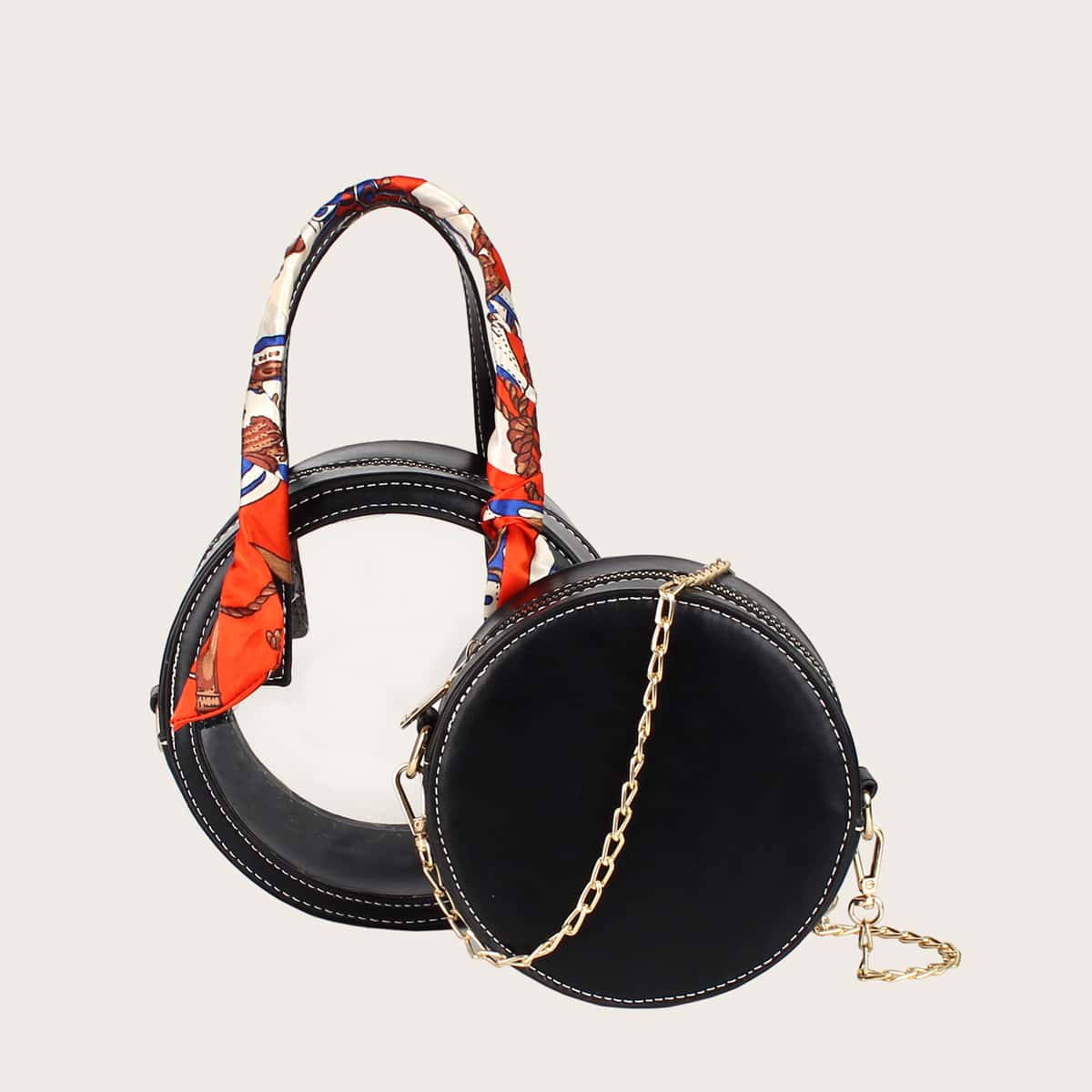 

2pcs Round Clear Satchel Bag & Chain Bag, Black
