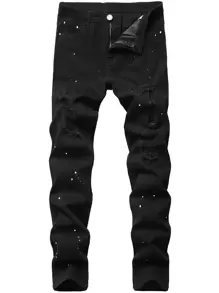 Manfinity Roughcore Quần Jeans Nam Bị tách Đồ họa màu đen Đường phố - màu đen - Xem 1