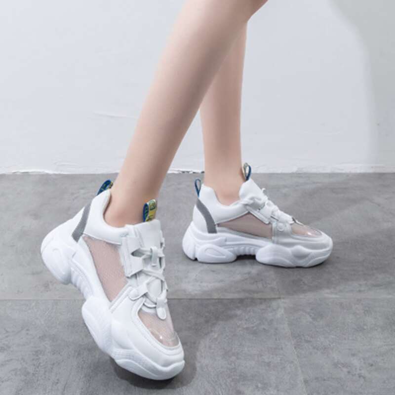 

Lace-up Front Mesh Panel Chunky Sneakers, White