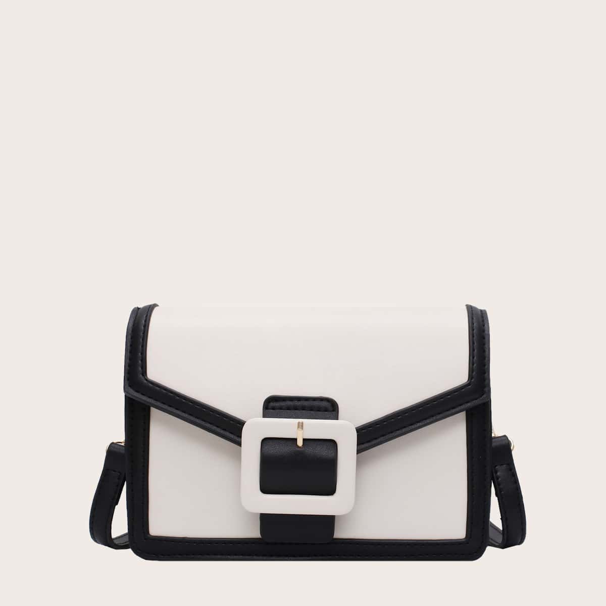 

Pin Buckle Contrast Trim Crossbody Bag, White