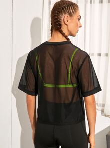 SHEIN Sports Sheer Mesh Sports Tee Without Bra - Black - View 2