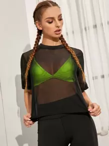 SHEIN Sports Sheer Mesh Sports Tee Without Bra - Black - View 4