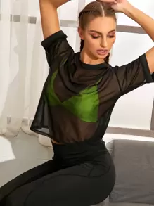 SHEIN Sports Sheer Mesh Sports Tee Without Bra - Black - View 1