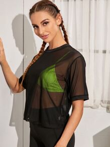 SHEIN Sports Sheer Mesh Sports Tee Without Bra - Black - View 5