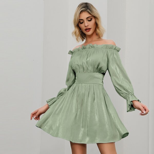 

Double Crazy Frill Off Shoulder Satin Dress, Green pastel