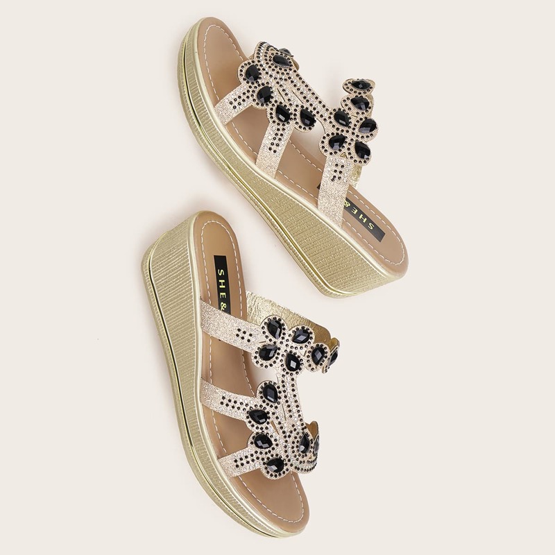 

Gemstone Decor Wedge Mules, Gold