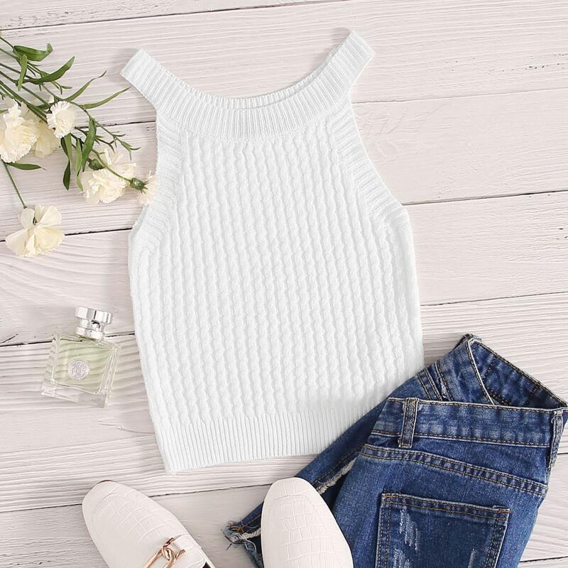 

Solid Cable Knit Halterneck Top, White
