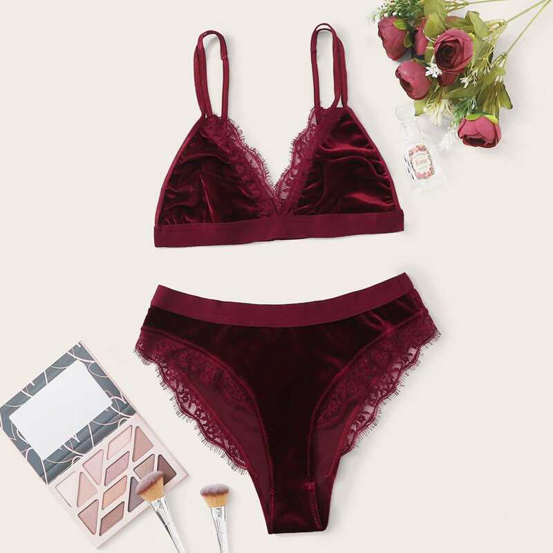 

Velvet Lace Trim Lingerie Set, Burgundy