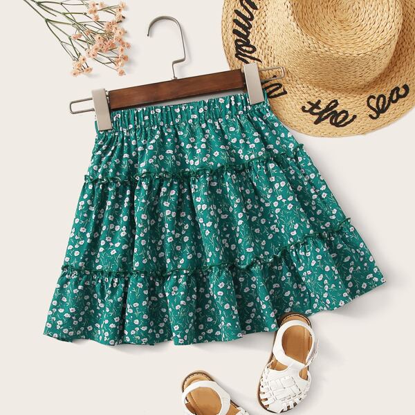 

Girls Layered Frill Trim Ditsy Floral Skirt, Green