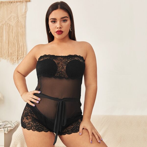 

Кружевное сетчатое боди размера плюс, Чёрный