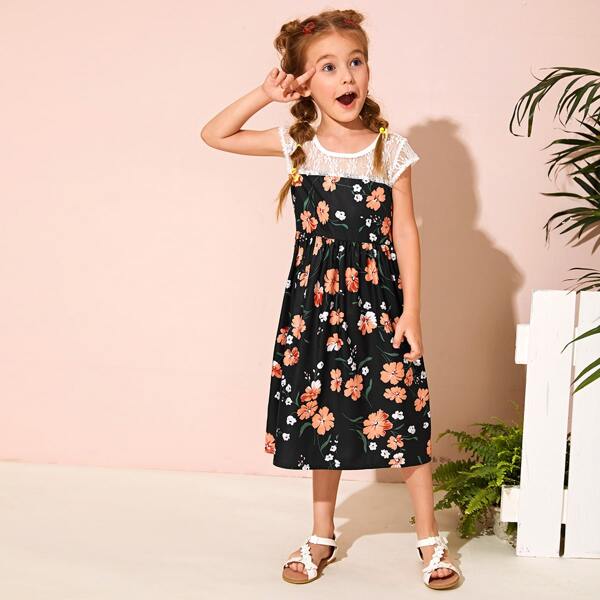 

Toddler Girls Contrast Lace Floral Print Dress, Black