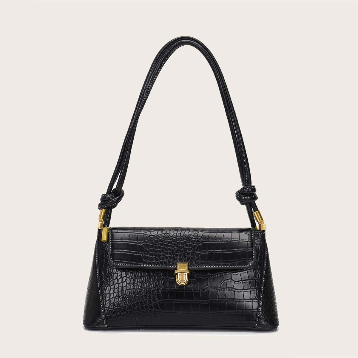 

Croc Embossed Flap Tote Bag, Black