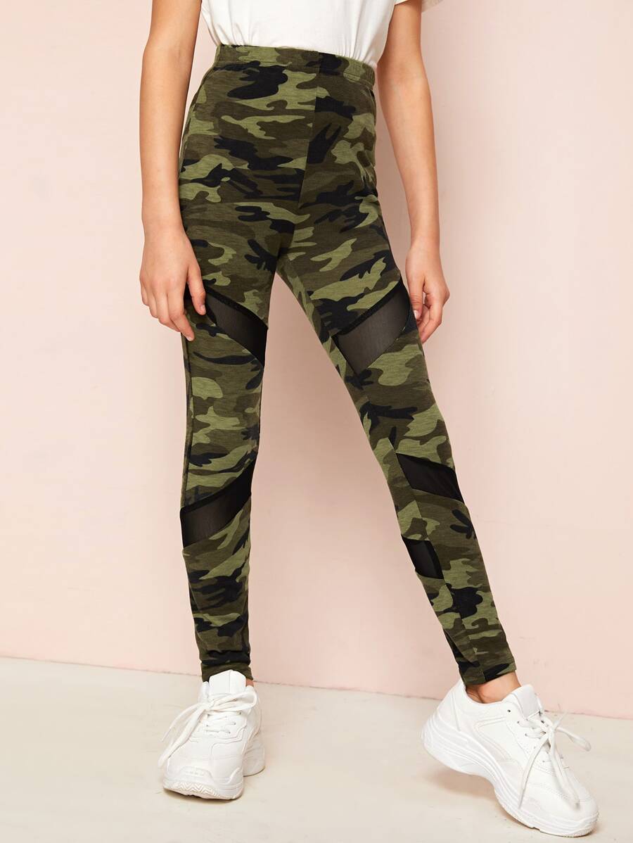 SHEIN 女孩網紗拼接迷彩緊身褲 - 彩色 - 查看 1