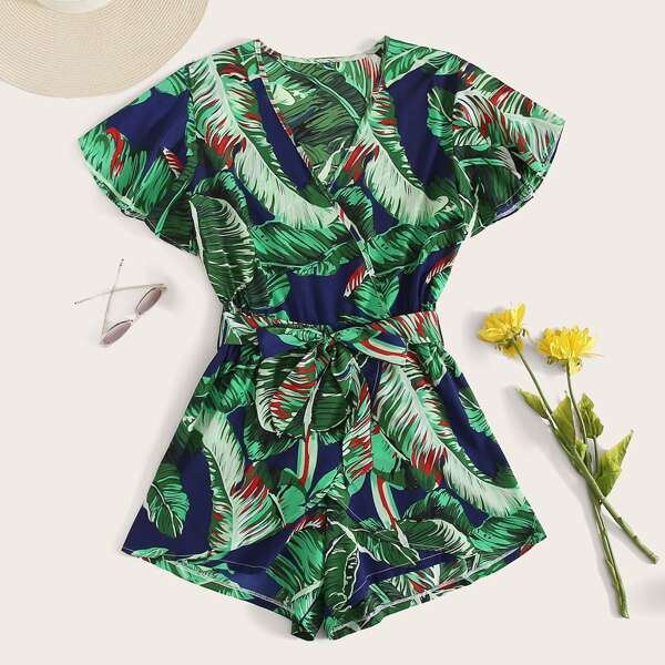 

Plus Tropical Print Butterfly Sleeve Belted Romper, Multicolor