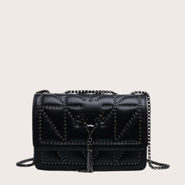 

Tassel Decor Flap Crossbody Bag, Black