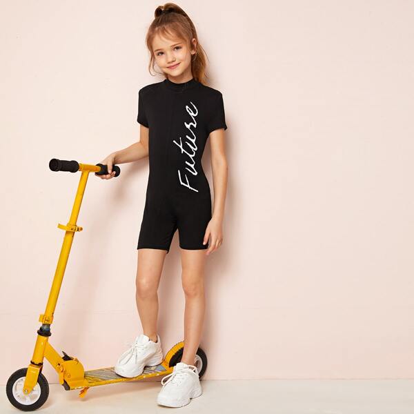 

Girls Mock-Neck Letter Graphic Unitard Romper, Black