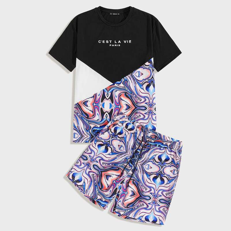 

Guys Colorblock Letter Graphic Top & Allover Print Shorts Set, Multicolor