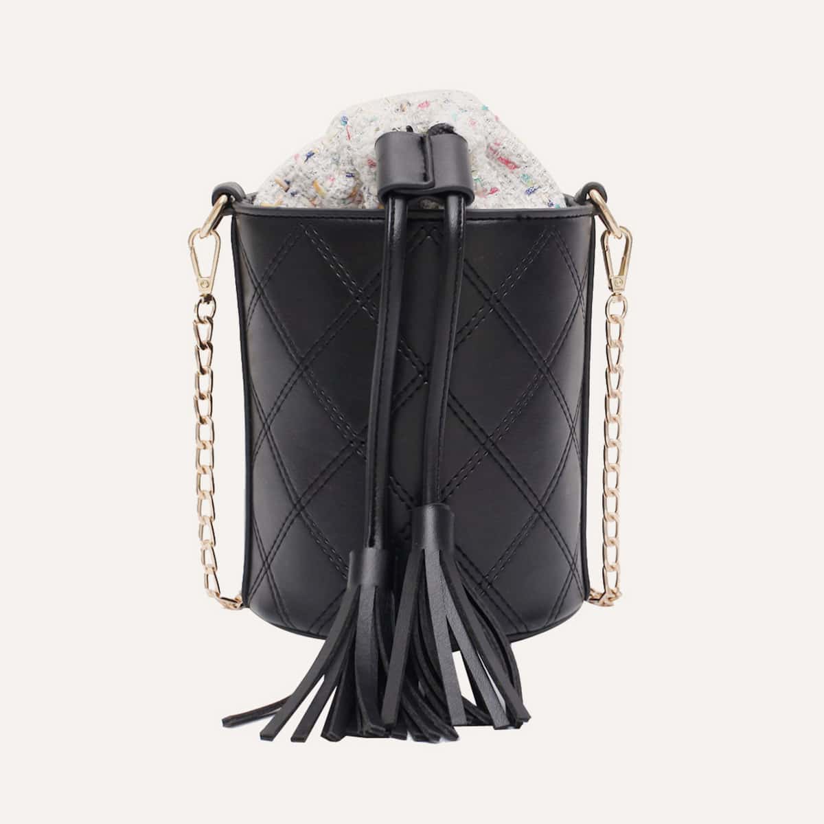 

Quilted Tassel Decor Crossbody Bag, Black