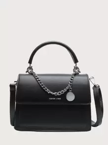 Letter Graphic Flap Satchel Bag - Black - View 1