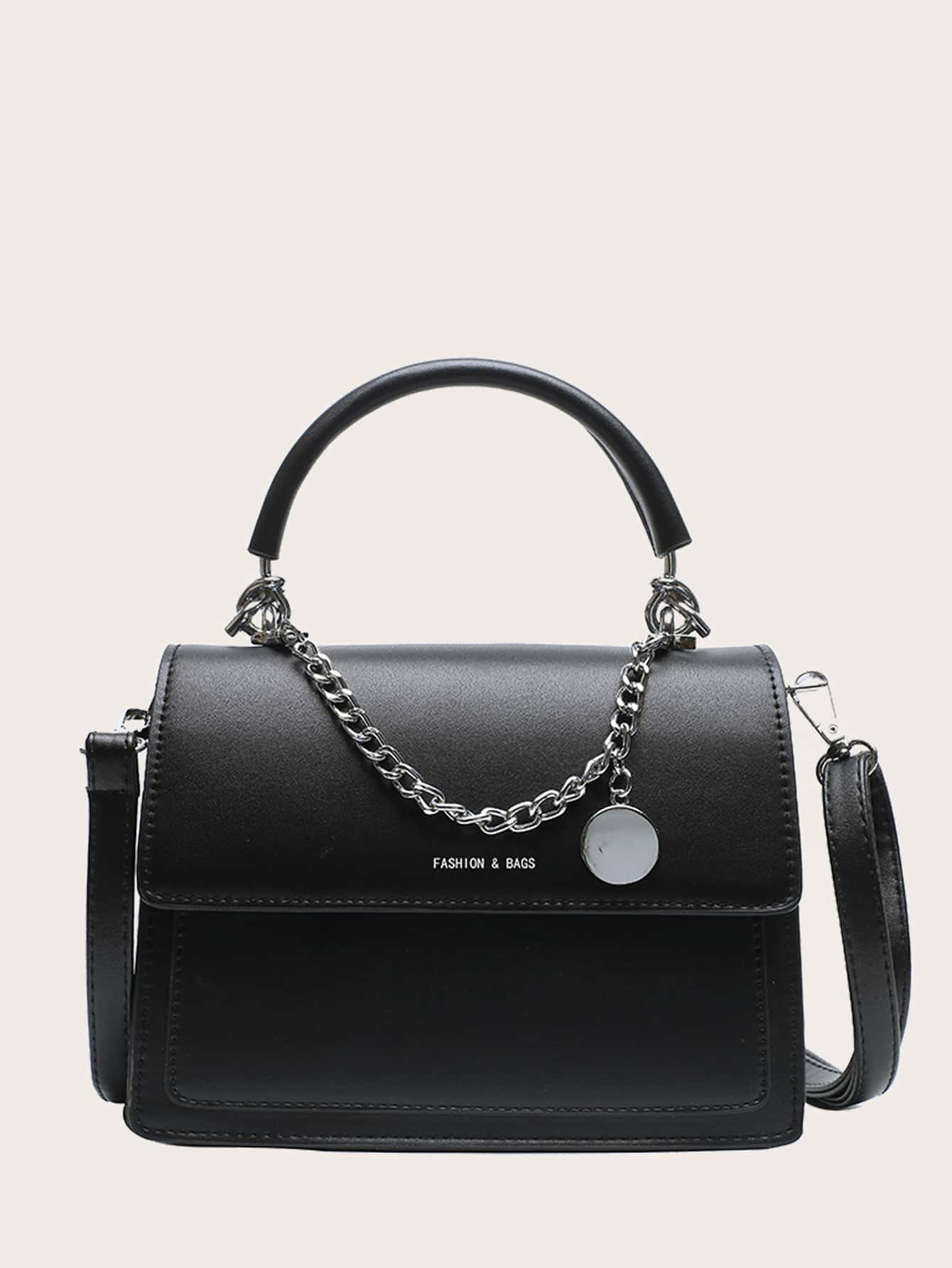 Letter Graphic Flap Satchel Bag - Black - View 1