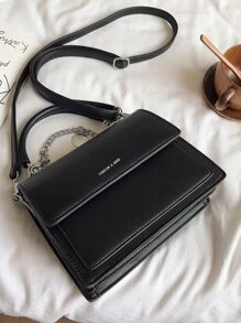 Letter Graphic Flap Satchel Bag - Black - View 3