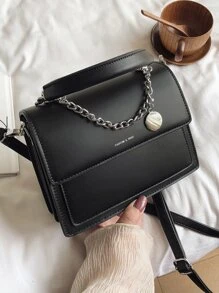 Letter Graphic Flap Satchel Bag - Black - View 4