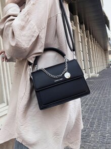 Letter Graphic Flap Satchel Bag - Black - View 5